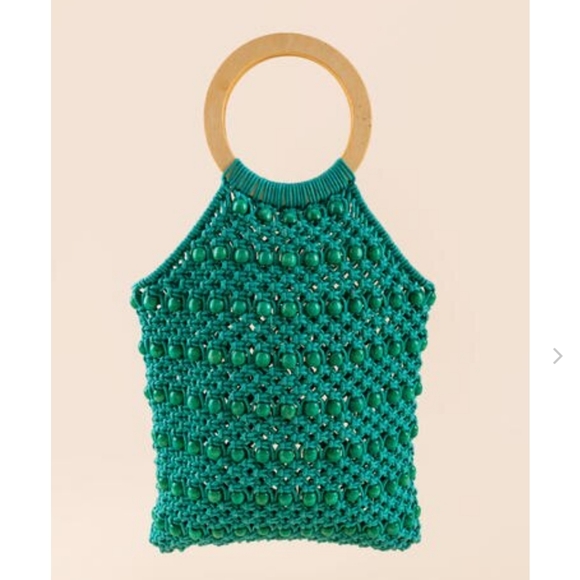 Francesca's Antik Kraft Handbags - NWT Francesca's Turquoise Ruth Macrame Beaded Round Wood Handle Tote